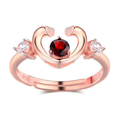 

Womens Open Love Heart Shaped Natural Stone Red Rhinestone Heart Hollow Engagement Ring