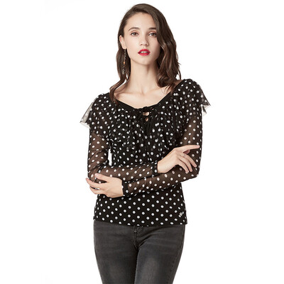 

Nomeni Women New Polka Dot Top T-shirt Slim Long Sleeve Net Gauze Bottom Shirt