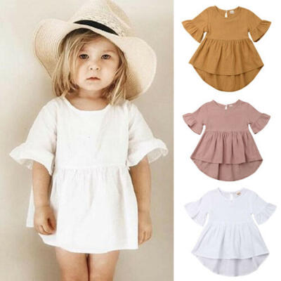 

US Toddler Baby Girl Solid Clothes Short Sleeve Dress Skirt Cotton Linen Dresses