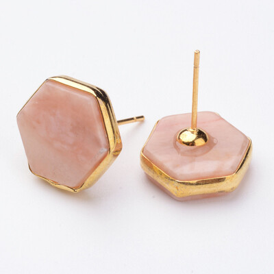

Natural Pink Aventurine Ear Studs with Real 18K Gold Plated Pin Hexagon 14x13x5mm Pin 08mm