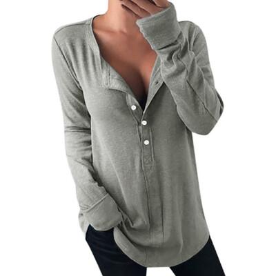 

Autumn&Winter Solid Color Long Sleeved T Shirt Women V Neck Button Tops