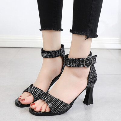 

Rose Fashion Womens Buckle Strap High-Heeled Sandals Thick Heel Open Toe Shoes