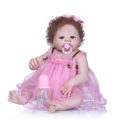 

Reborn Baby Girl Doll 22 inch Soft Full Silicone Vinyl Body Lifelike Toddler Doll Play House Bath Toy Gift for ages 3 With Blue