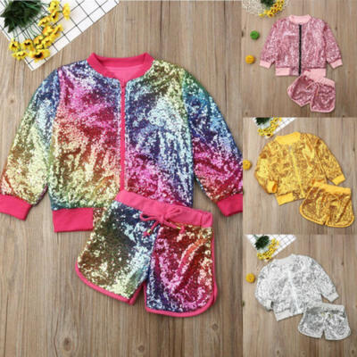 

US Sequins Toddler Kids Baby Girls Top Jacket CoatShorts Outfits Clothes Set