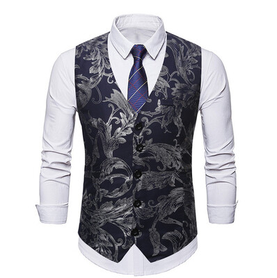 

Toponeto Mens Fashion Business Casual Gold Stamping Flower Printing Waistcoat Tops Vest