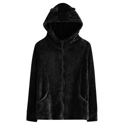 

Toponeto Women Fashion Solid Faux Fur Jacket Rabbit Ear Hooded Plush Zipper Pocket Coats