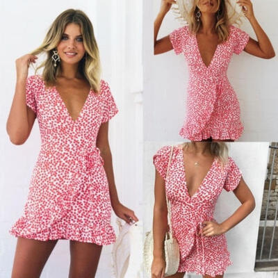 

Women Summer Casual Floral Wrap Dress Tie Waist Short Sleeve Bodycon Mini Dress