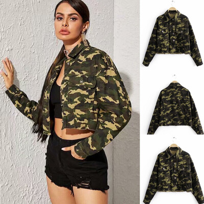 Toponeto Womens Long Sleeve Camouflage Patchwork Print Sweatshirt Casual Jeans Coat