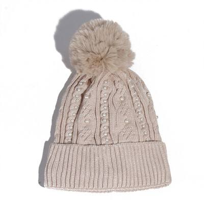 

Hats ladies autumn&winter Korean version pearl wool cap thickened&fluffy ball hood outdoor warm knit cap tide
