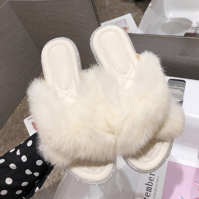 

Slippers women wear autumn&winter Korean version of 100 flat-bottomed cross hair mop a word lazy person cool drag