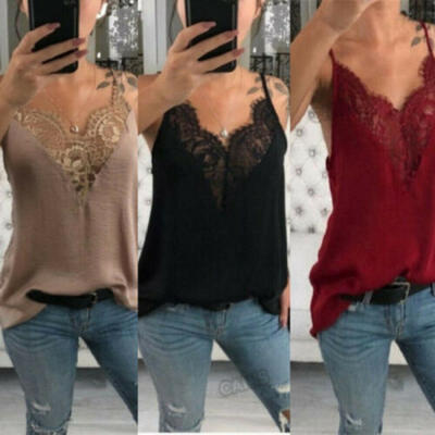 

Summer Women Deep V Neck Lace Hot Vest Sleeveless Tank Top Beach Shirt Blouse US