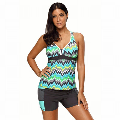 

Color block stitching vest with chest pad high waist split Tankinis swimsuit