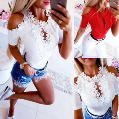 

Womens Summer Cold Shoulder Lace Tops Short Sleeve Blouse Casual Tops T-Shirt