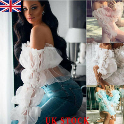 

UK Women Summer Tulle Ruffle Long Sleeve T-Shirt Ladies Loose Casual Blouse Tops