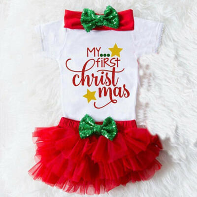 

US Stock Newborn Baby Girl My First Christmas RomperTulle Pants Clothes Outfits