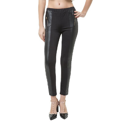 

New Sexy Women Skinny Leggings PU Leather Splice Elastic Waist Stretch Bodycon Pencil Pants Trousers Tights Jeggings Black