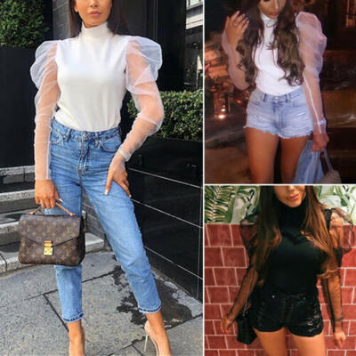 

UK Boho Women Mesh Puff Sleeve T-Shirt Ladies Summer Casual Crop Tops Blouse