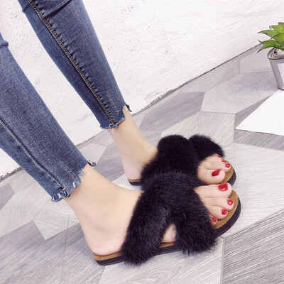 

Rose Women Fluffy Faux Fur Indoor Outdoor Flat Heel Sandals Slipper Casual Shoes