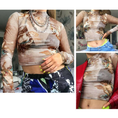 

Women Girls Mesh Sheer Crop Top Long Sleeve Transparent T-Shirt Blouse Tee Tops