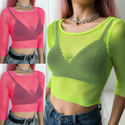 

Women Solid Sheer Fishnet Long Sleeve Shirt Tops Mesh T-Shirt Crop Top Blouse