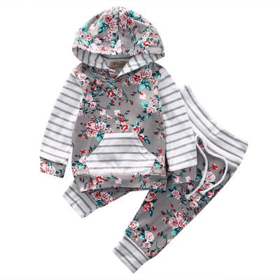 

Floral Stripe Baby Girls Clothes Hooded Tops Pants Coming Home Outfits 2Pcs Set