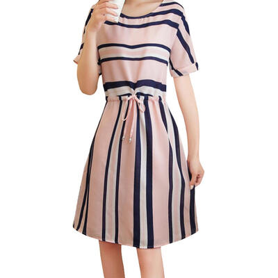 

Stripe Short Sleeve Dress Women Summer O Neck Bandage Plus Size Dresses