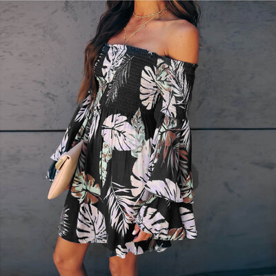 

Tailored Womens Party Holiday Fashion Off Shoulder Ruffle Long Sleeve Print Mini Dress