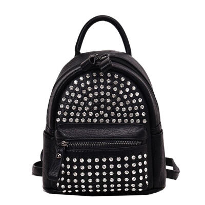 

Rivet Rhinestone Backpack Women Leather Messenger Vertical Square Knapsack