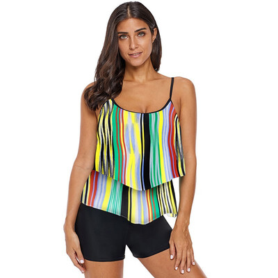 

Tankini Swimwear tie-dyed printed vest strap layered ruffled one-piece swimsuit