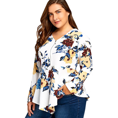 

Plus Size Half Zipper Floral Asymmetric Long Sleeve Blouse