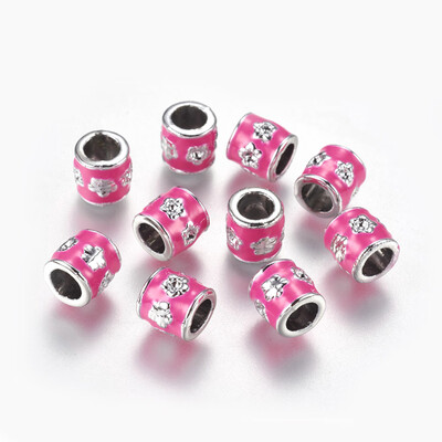 

Alloy European Beads Large Hole Beads with Enamel Column with Flower Silver HotPink 85x85mm Hole 5mm
