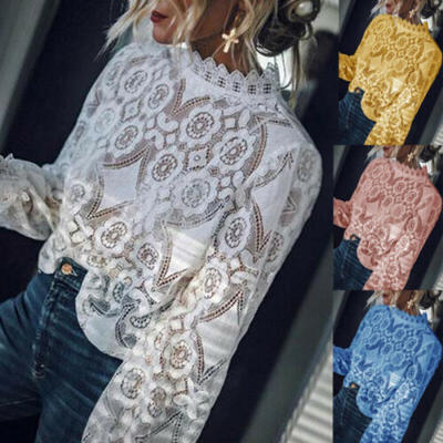 

Fashion Women Loose Long Sleeve Tops Blouse Hollow out Lace Casual Tops T-Shirt