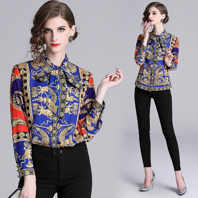 

M L XL XXL vintage new spring 2019 women blouse shirt long sleeve blue red digital print office top bow lady