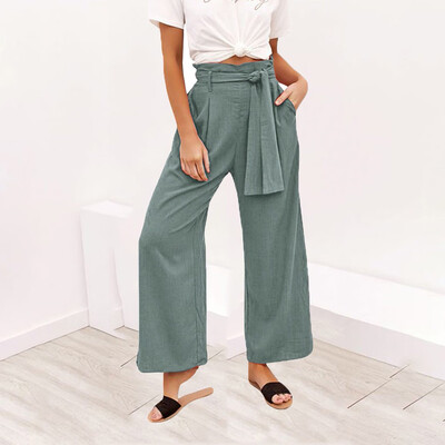 

Tailored Women Solid Casual Belt High Waisted Loose Wide Leg Pants Yoga Long Trousers