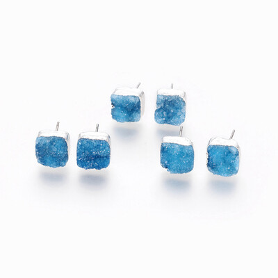 

Natural Dyed Druzy Quartz Stud Earrings with Stainless Steel Findings Square Silver DodgerBlue 10x10x610mm Pin 07mm