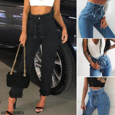 

Women Denim Jeans High Waist Stretch Straight Drawstring Elastic Trouser Pants
