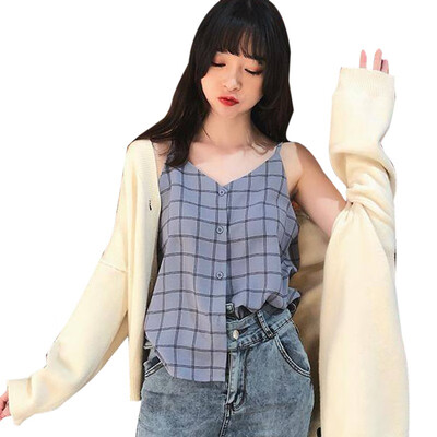 

2019 Women Summer V Neck Plaid Tops Women Sleeveless Button Beach Casual Tank Tops Vest Female Sexy Strap Chiffon Tops