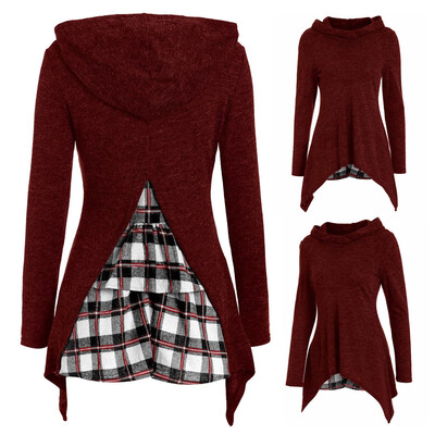 

Starmoon Women Long Sleeve Hooded Back Plaid Patchwork Irregular Sweatshirt Top Pullover