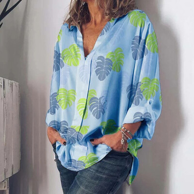 

Tailored Women Fashion V-Neck Leaf Print Long Sleeve Loose Casual Tops Shirt Blouse