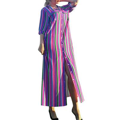 

Women Button Striped Print Shirt Dress Short Sleeve Summer Boho Maxi Dress