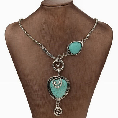 

Women\s Vintage Charm Heart Bib Collar Statement Pendant Turquoise Necklace