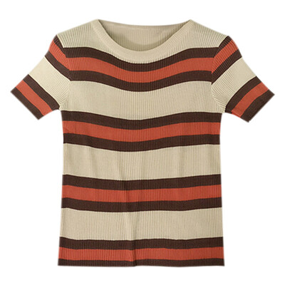 

Women tshirt Summer Casual Comfortable sunmmer t shirt Short Sleeve Rainbow Stripe Slim Fit Knitwear T-shirt