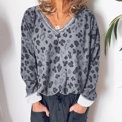 

Casual Women Leopard Print T-shirt V Neck Long Sleeve Loose Tunic Basic Tee Tops Blouse GreyKhaki