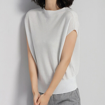 

Womens O Neck Solid Short Batwing Sleeve Knitted Ice Silk Slim Pullover T-Shirt