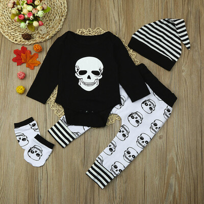 

4Pcs Infant Baby Bone Print RomperPantsHatGloves Outfits Set Clothes