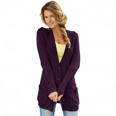 

V-neck single-breasted long-sleeved knit sweater long