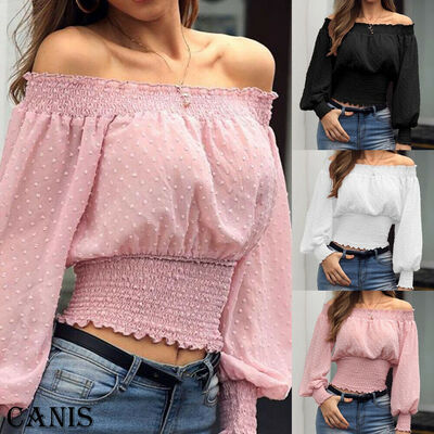 

Women Casual Long Sleeve Chiffon Crop Tops Off Shoulder Summer Blouse T-shirt