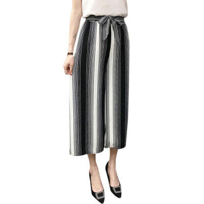 

Fashion Womens Elegant Striped Split High Waisted Belted Loose Wide Leg Pants