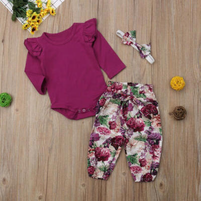 

3PCS Toddler Infant Baby Girl Romper TopsFloral PantsHeadband Outfit Clothes