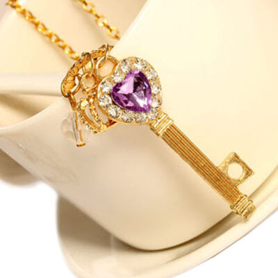 

Womens Fashion Love Heart Rhinestone Crown Key Long Sweater Necklace Jewelry